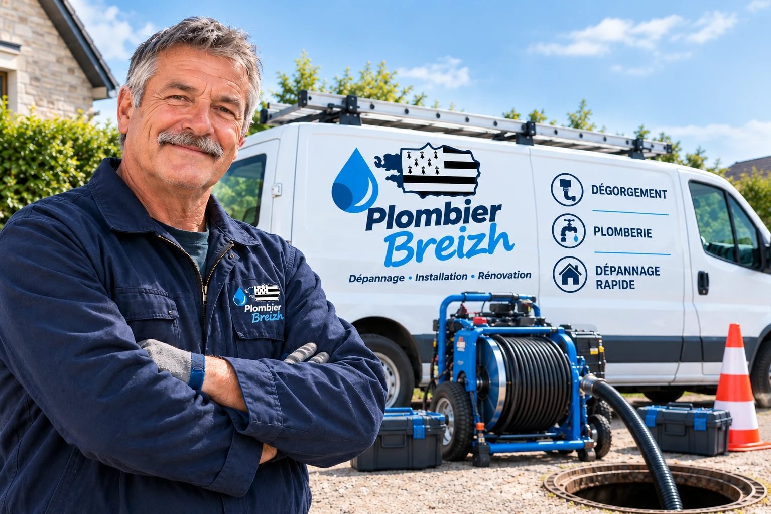 Technicien Plombier Breizh devant son camion d’intervention